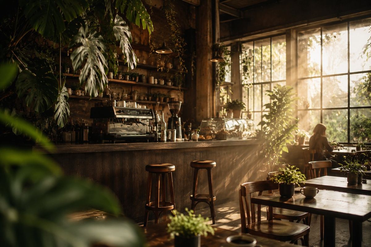 Interior de la cafetería con plantas y luz dorada