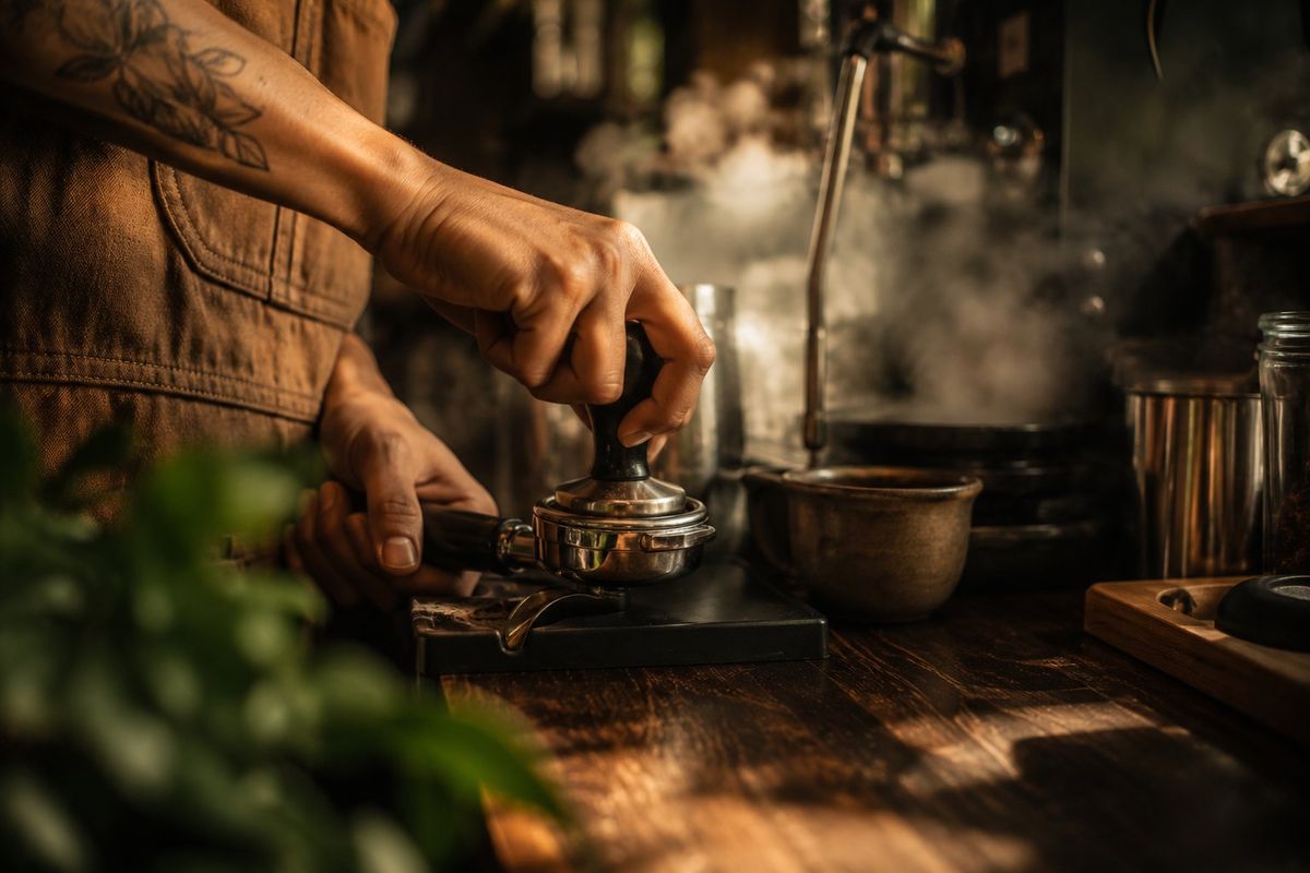 Manos de barista prensando café