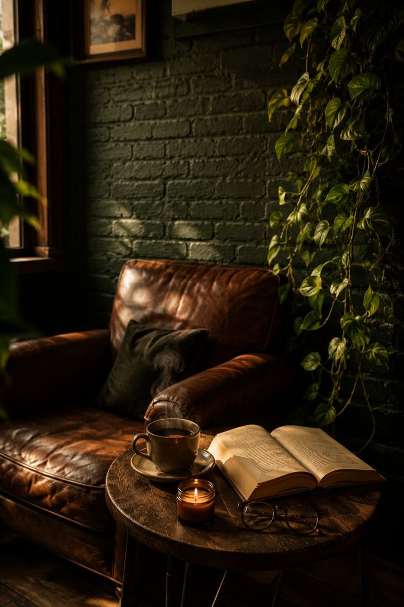 Sillón de cuero con café humeante y un libro