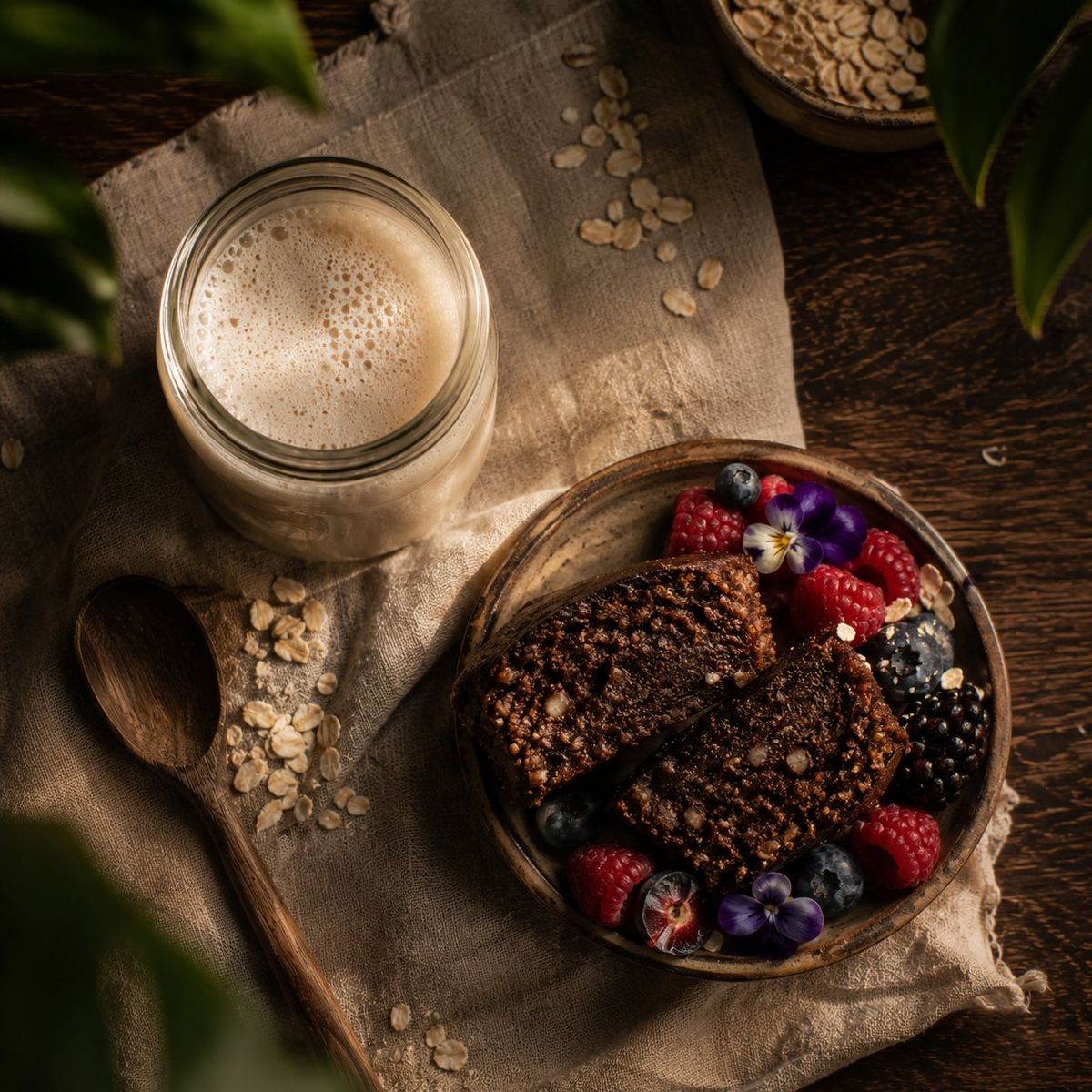 Bizcocho de cacao con frutos rojos y leche de avena