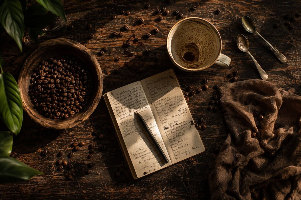 Granos de café y libreta con notas sobre madera