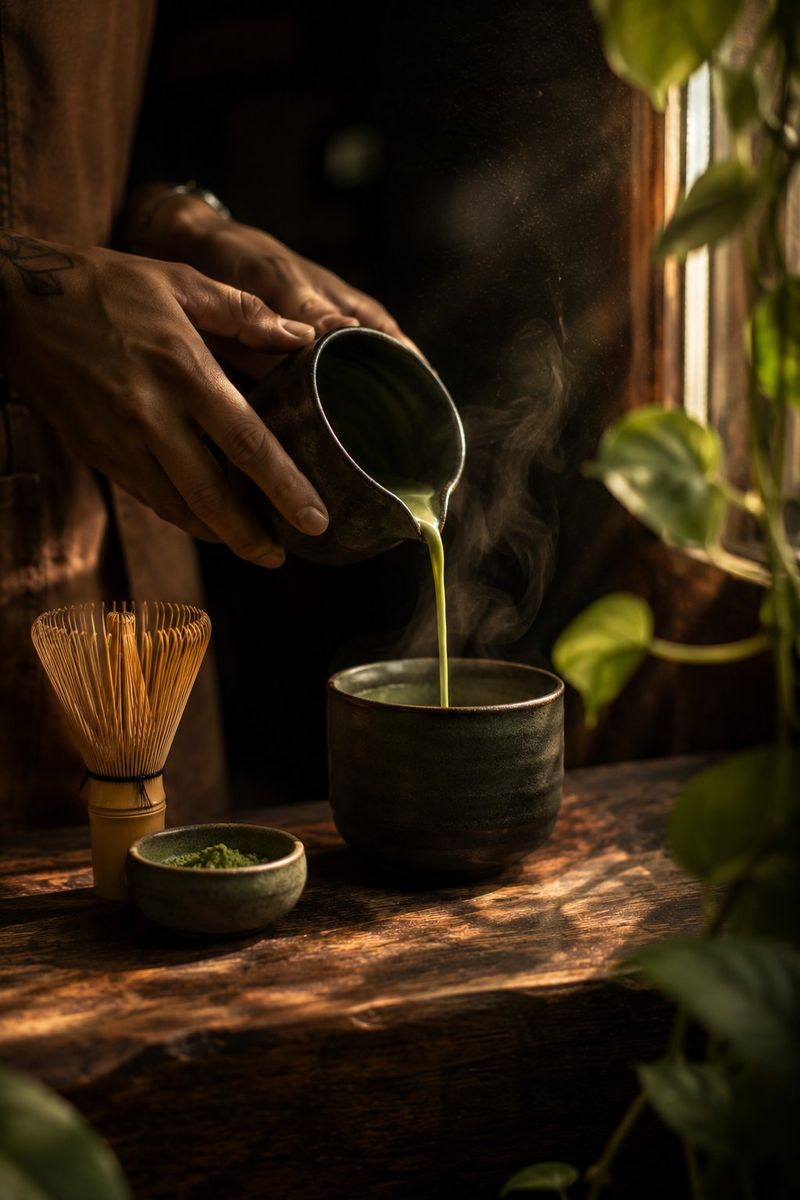 Mano vertiendo matcha caliente en una taza de cerámica verde