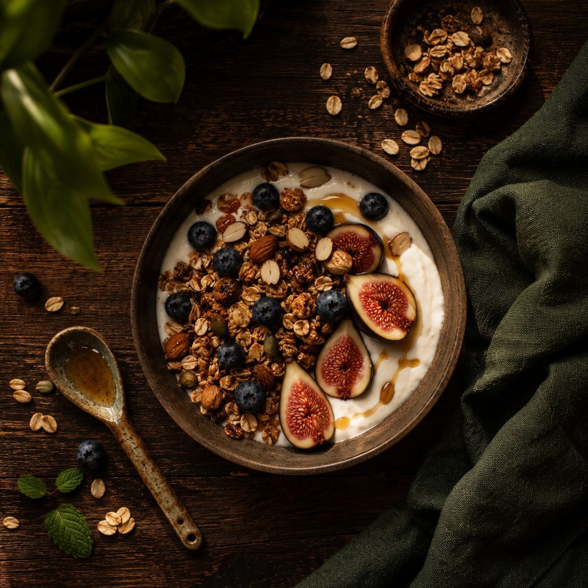 Bowl con yogur, granola, higos y frutos rojos visto desde arriba