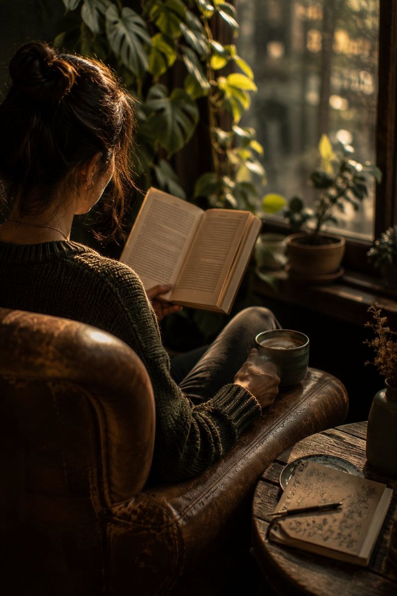 Mujer leyendo un libro en sillón de cuero con café