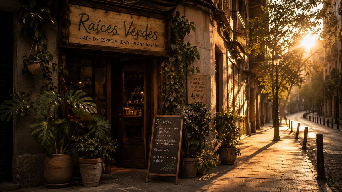 Fachada del café al amanecer con plantas y pizarra del menú