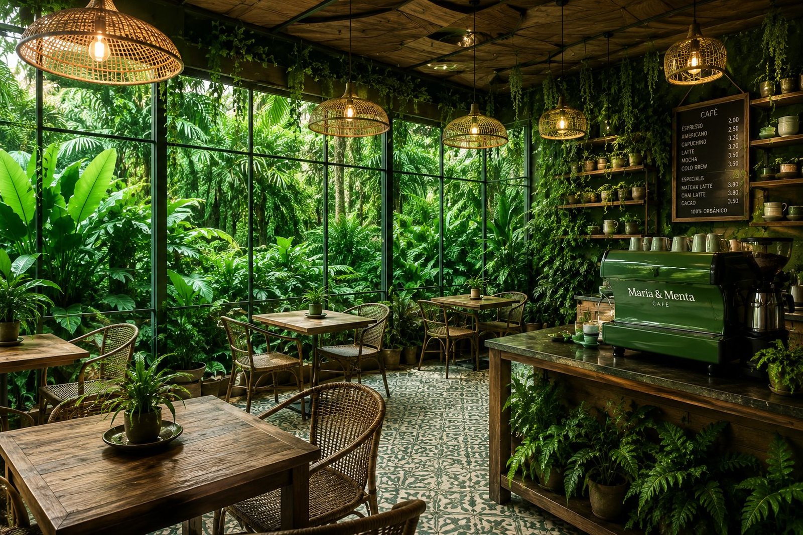 Interior de cafetería María & Menta con plantas y luz natural