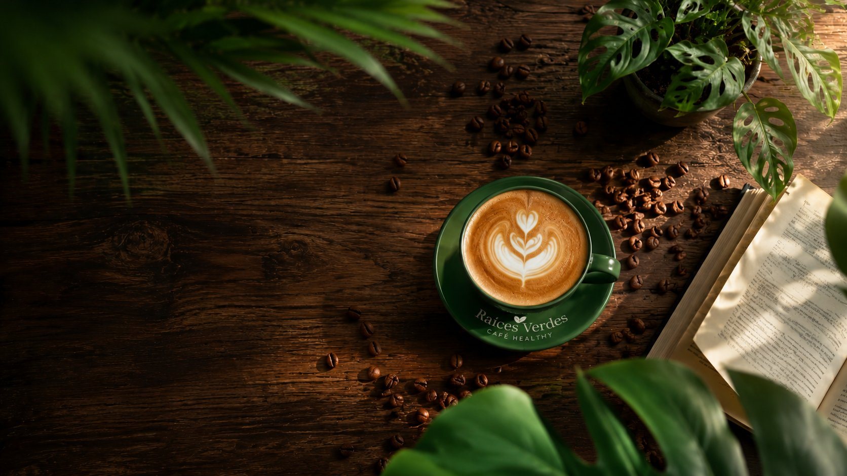 Mesa de madera vista cenital con un café de Raíces Verdes, granos de café y plantas
